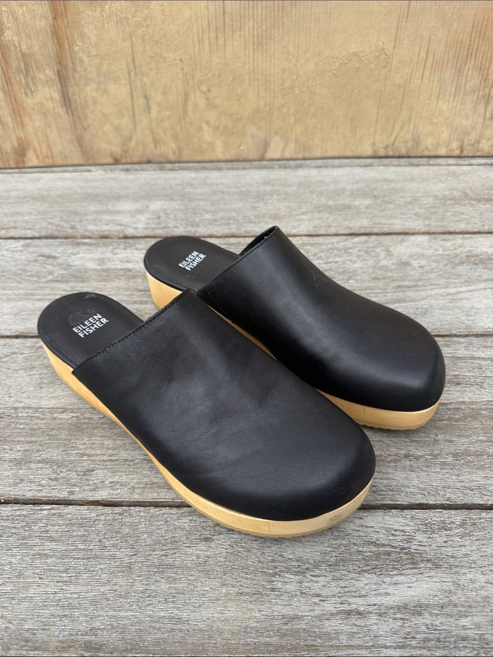 Eileen Fisher Black Leather Platform Clog Mules